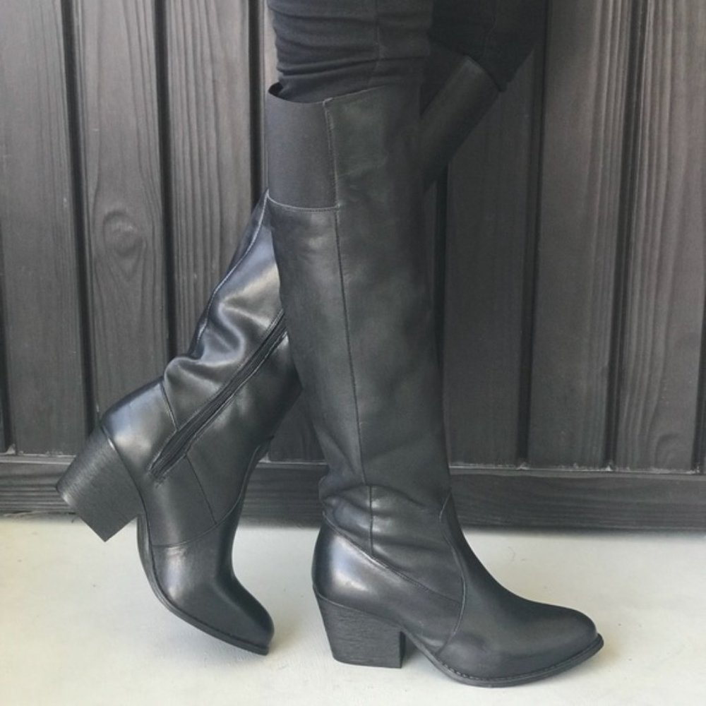 Genuine Leather Thick Block Heel Knee High Boots